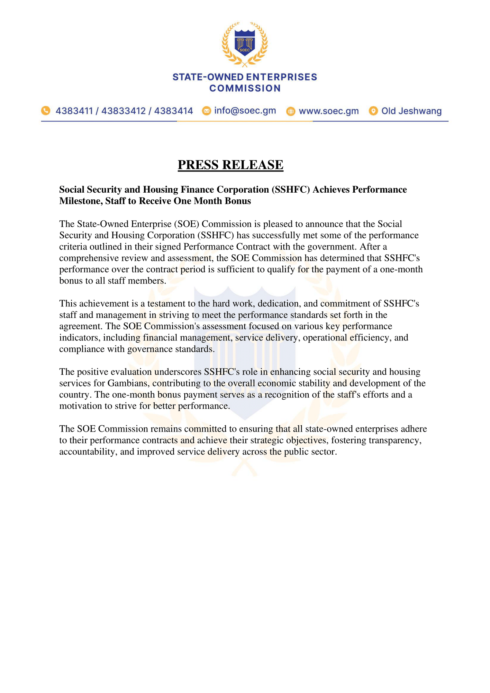 Social Security and Housing Finance Corporation (SSHFC) Achieves Performance Milestone, Staff to Receive One Month Bonus