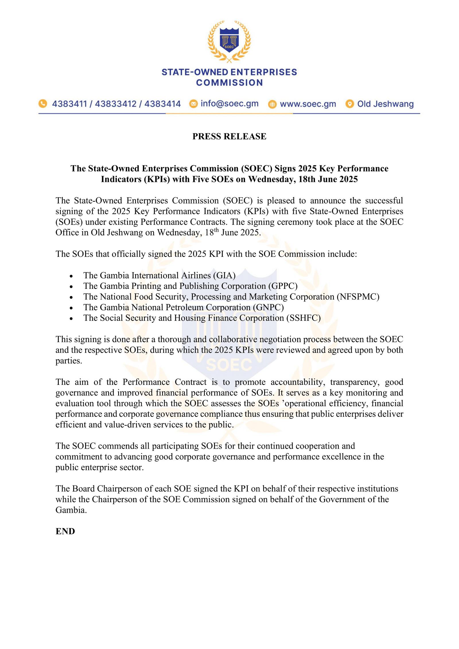 The State-Owned Enterprises Commission (SOEC) Signs 2025 Key Performance Indicators (KPIs) with Five SOEs on Wednesday, 18th June 2025