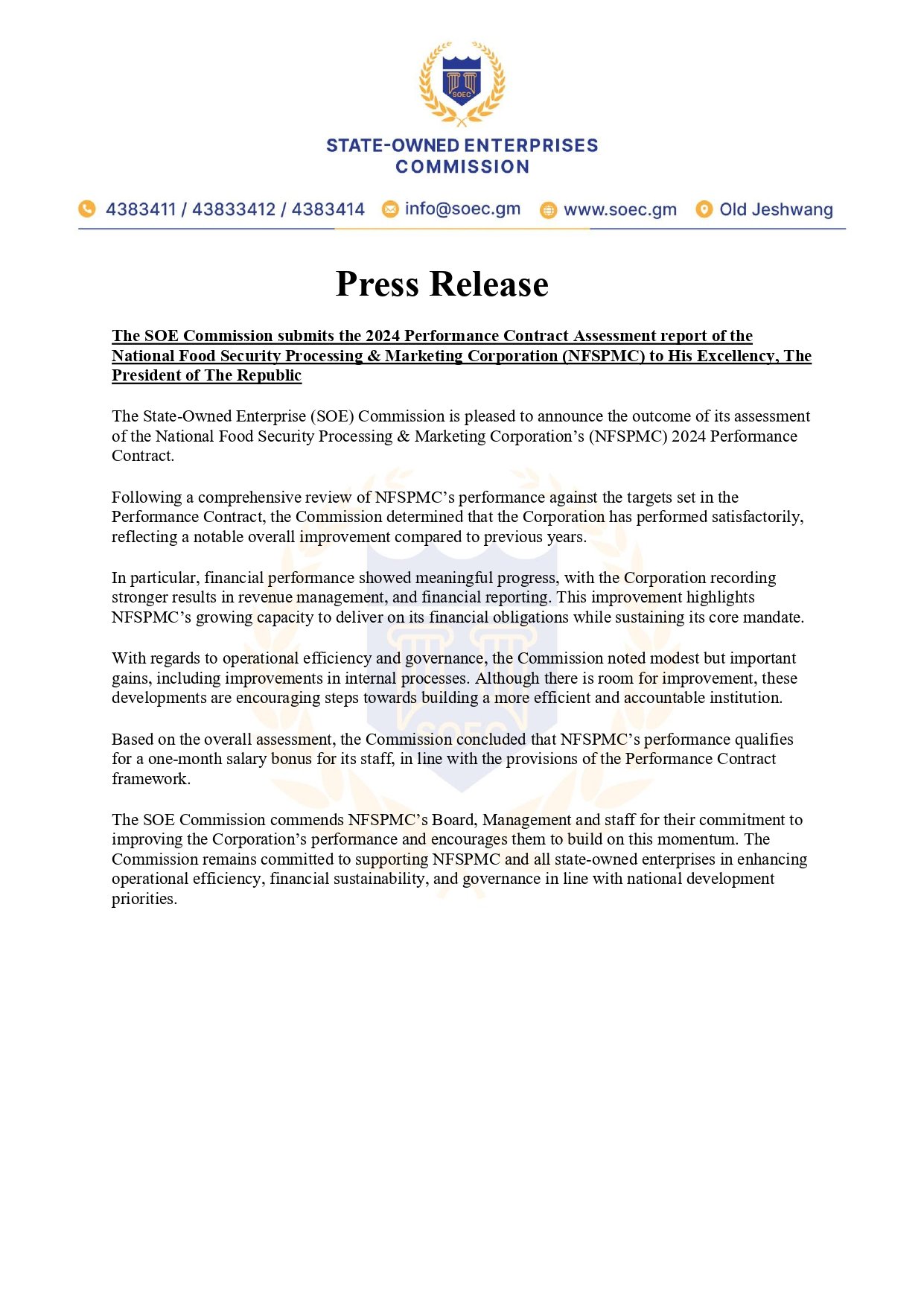 The National Food Security Processing and Marketing Corporation (NFSPMC) Achieves Performance Milestone, Staff to Receive One Month Bonus For 2024 Financial Year