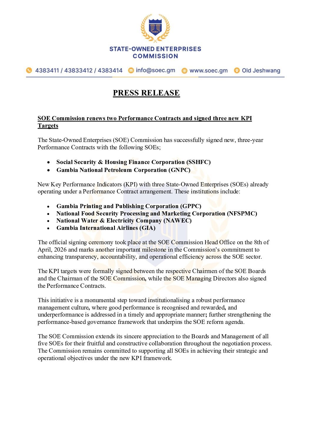 Performance Contract and KPI Signing Ceremony, April 2026
