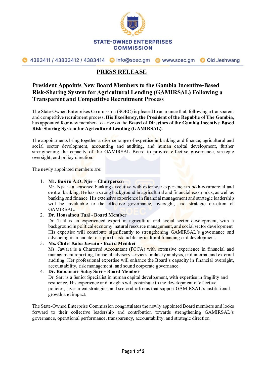 GAMIRSAL Inaugural Board Appointments